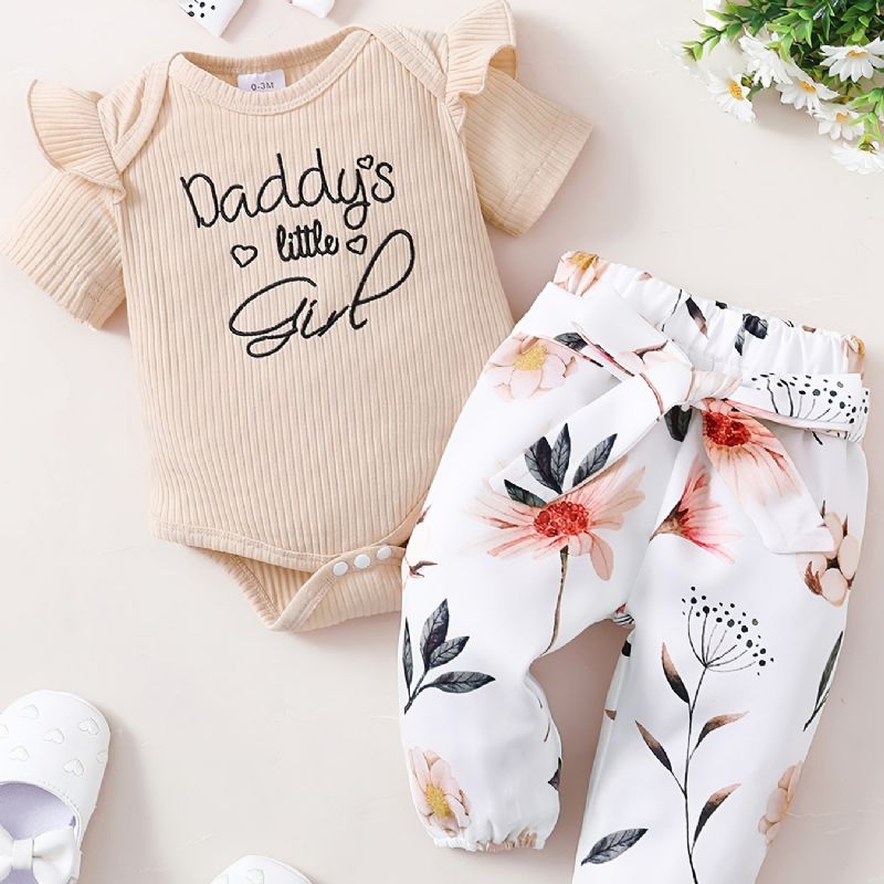 Tyttövauvojen Ruffle Lyhythihainen Housuhousu + Kukkakuvioinen Housusarja Bodysuit Onesie Vauvanvaatteet