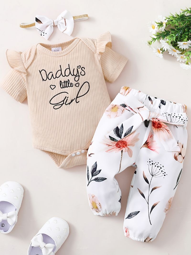 Tyttövauvojen Ruffle Lyhythihainen Housuhousu + Kukkakuvioinen Housusarja Bodysuit Onesie Vauvanvaatteet