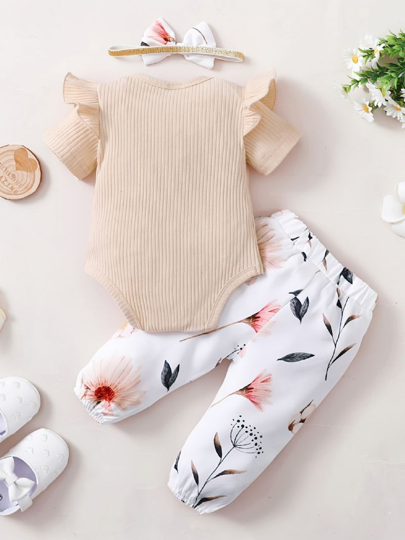 Tyttövauvojen Ruffle Lyhythihainen Housuhousu + Kukkakuvioinen Housusarja Bodysuit Onesie Vauvanvaatteet