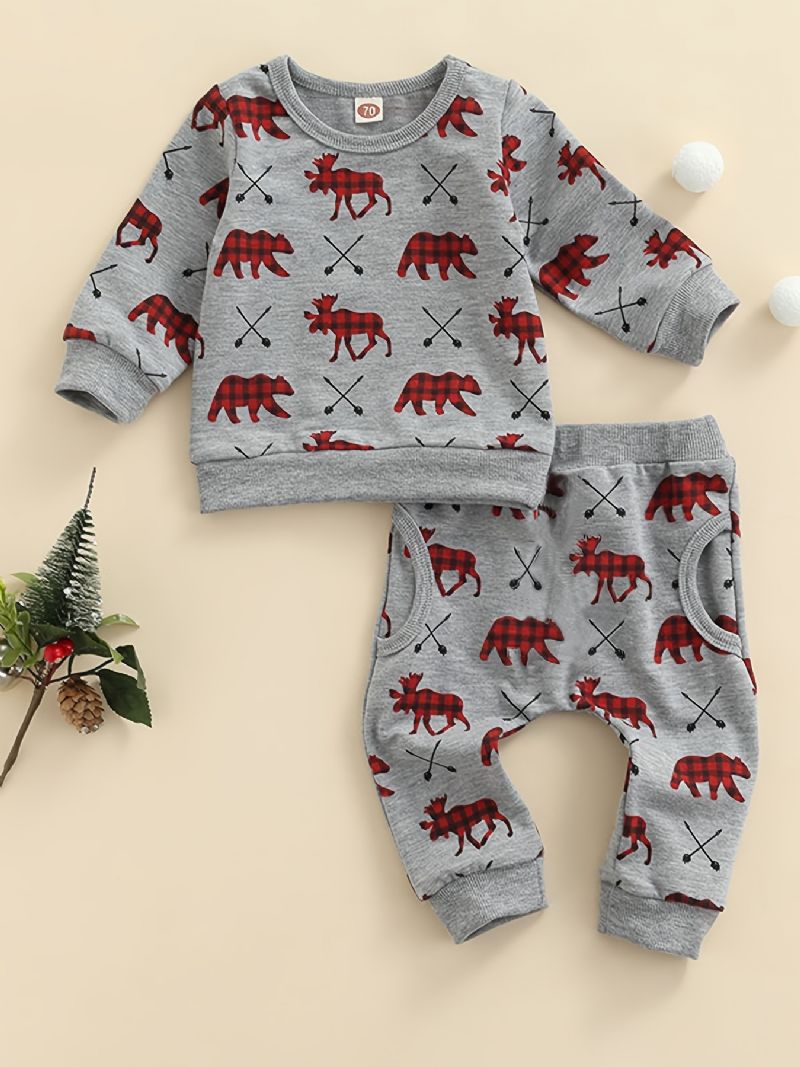 Vastasyntyneen Vauvan Jouluasut Pullover Deer Bear Print Pyöreäkauluksinen Pitkähihainen Collegepaita Ja Housutsetti Pojille Tytöille