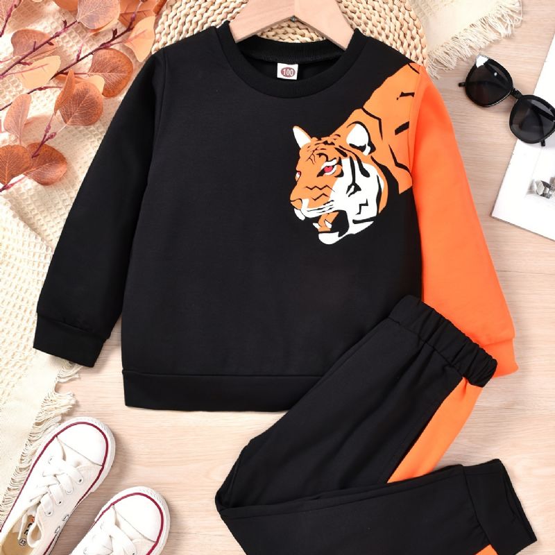 Vauvan Poikien Pullover Tiger Print Crew Neck Pitkähihainen Collegepaita & Color Block Housut Setti Lasten Vaatteet