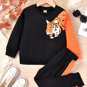 Vauvan Poikien Pullover Tiger Print Crew Neck Pitkähihainen Collegepaita & Color Block Housut Setti Lasten Vaatteet