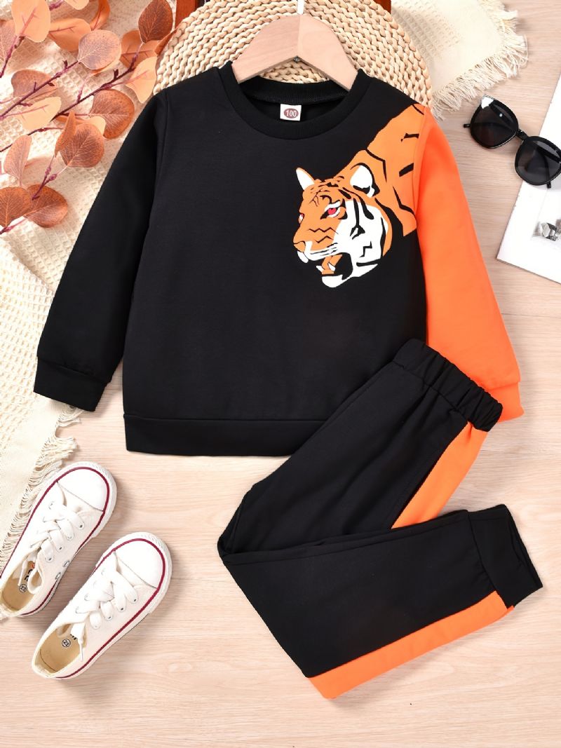 Vauvan Poikien Pullover Tiger Print Crew Neck Pitkähihainen Collegepaita & Color Block Housut Setti Lasten Vaatteet