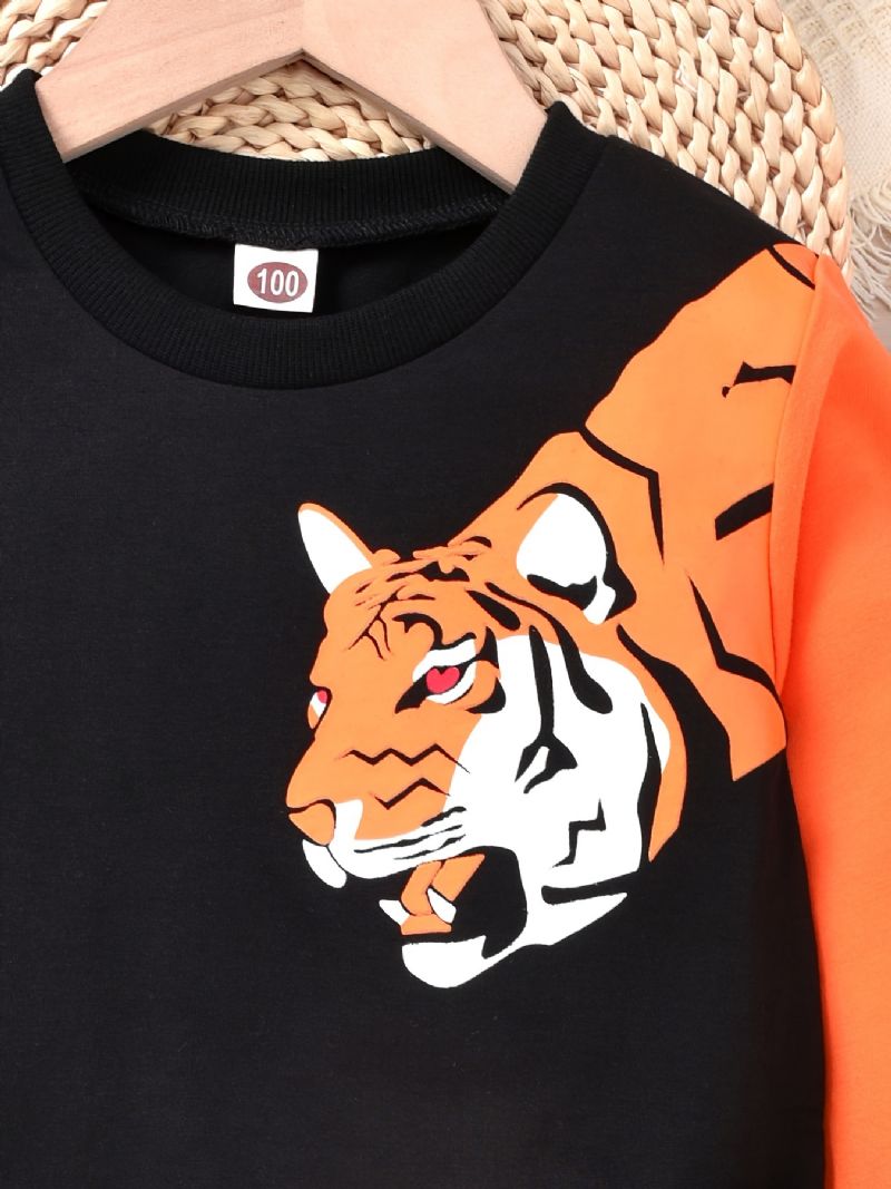 Vauvan Poikien Pullover Tiger Print Crew Neck Pitkähihainen Collegepaita & Color Block Housut Setti Lasten Vaatteet
