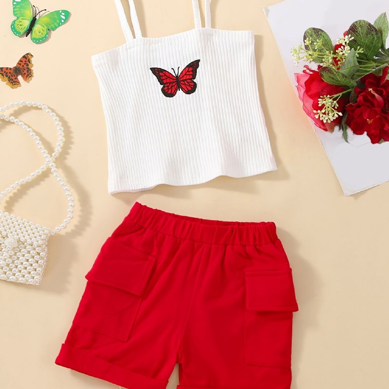 Vauvan Tyttöjen Butterfly Print Cami Top & Solid Color Taskushortsit Lasten Vaatesetti