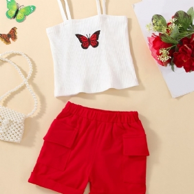 Vauvan Tyttöjen Butterfly Print Cami Top & Solid Color Taskushortsit Lasten Vaatesetti