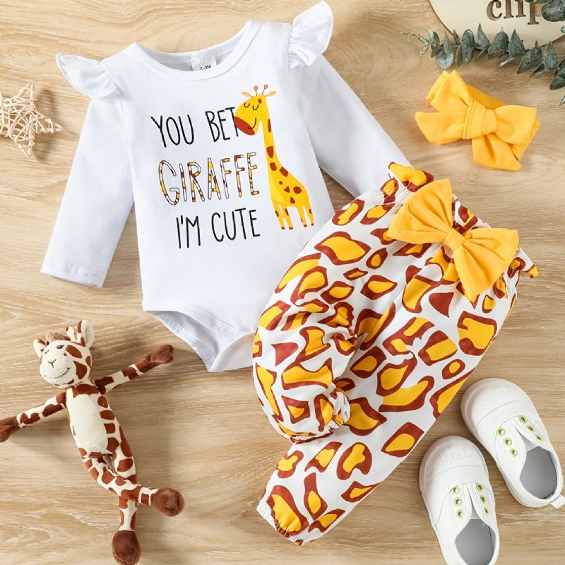 Vauvan Tyttöjen Giraffe Print Ruffle Sleeve Housuhousu + Housusarja Bodysuit Onesie Vaatteet