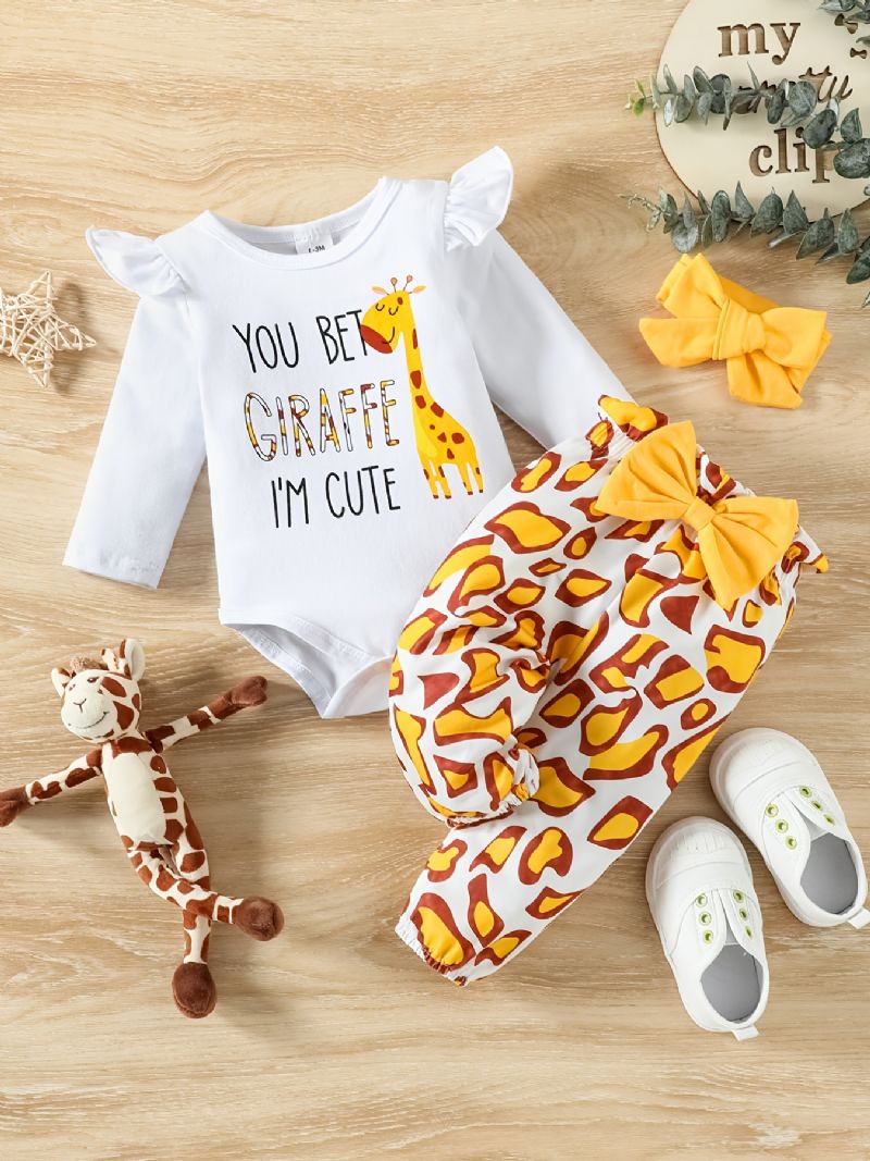 Vauvan Tyttöjen Giraffe Print Ruffle Sleeve Housuhousu + Housusarja Bodysuit Onesie Vaatteet