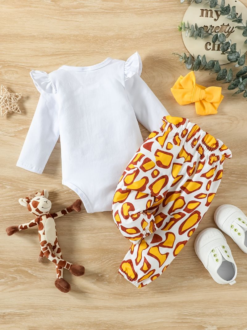 Vauvan Tyttöjen Giraffe Print Ruffle Sleeve Housuhousu + Housusarja Bodysuit Onesie Vaatteet