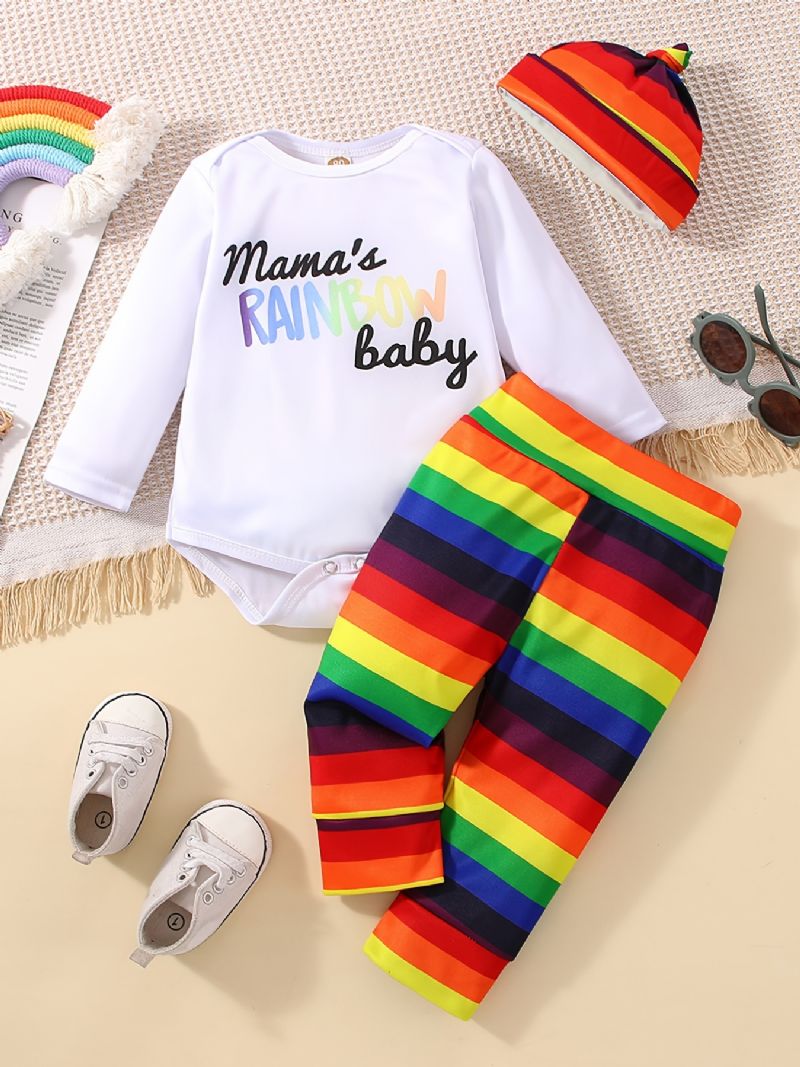 Vauvan Tyttöjen Mama's Rainbow Bodi & Rainbow-raidalliset Housut Ja Hattusetti Vastasyntyneelle Vauvalle