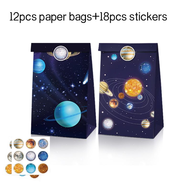 12 Kpl / Setti Blue Space System Teemapaperikassit Tarroilla Karkkia Ja Keksejä Pakkauspussit Lapsille Cool Night Style Lahjapussit Pojille Goodie Bags Goody