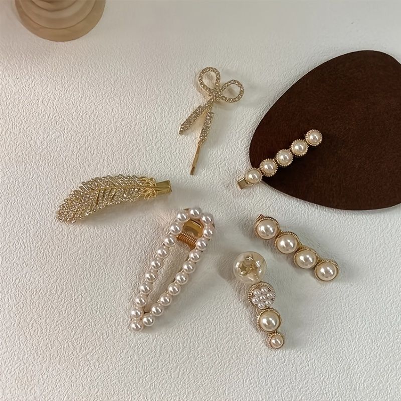 Faux Pearl Hiusklipsit Muoti Tytöt Elegant Barrette Pitkille Hiuksille Lyhyille Naisten Tytöille 6 Kpl / Setti