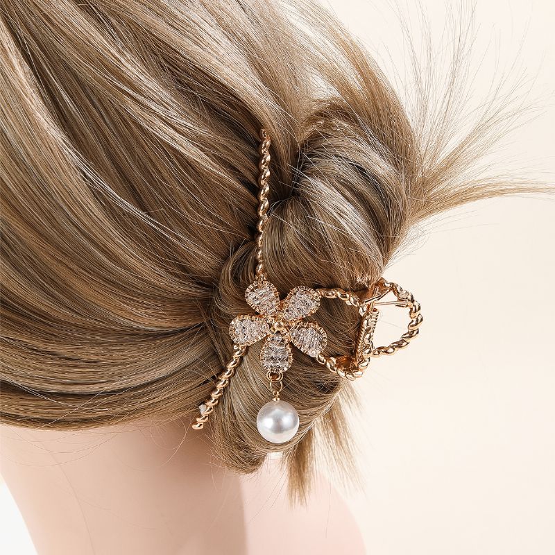 Flower Pearl Hair Claw Kukkametallinen Hiusklipsi Vahva Iso Liukumaton Hiusten Muotoilutarvikkeet Naisten Tytöille