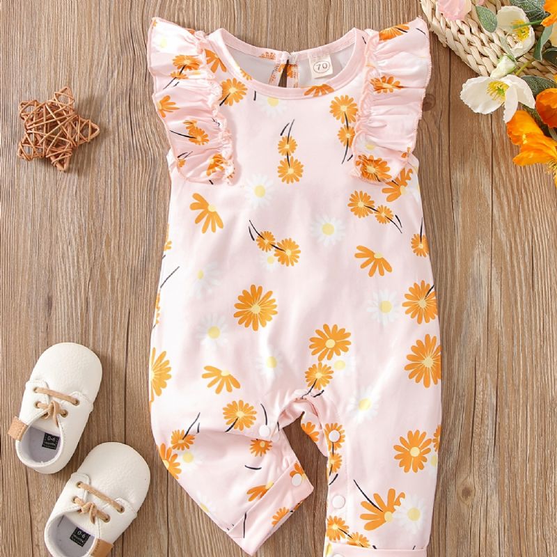 Vauvan Tyttöjen Flying Sleeve Flower Print Romper Casual Crew Neck Jumpsuit