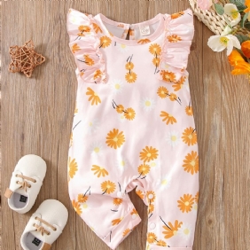 Vauvan Tyttöjen Flying Sleeve Flower Print Romper Casual Crew Neck Jumpsuit