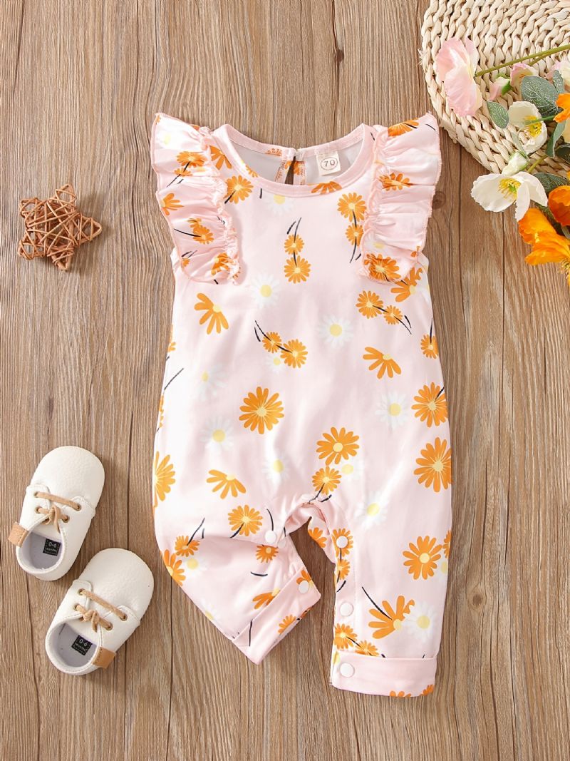 Vauvan Tyttöjen Flying Sleeve Flower Print Romper Casual Crew Neck Jumpsuit