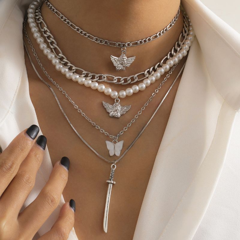 Pearl Angel Sword Charm Chain Helmillä Koristeltu Kaulakorusarja Korut Lahjat Syntymäpäivälahjat Naisille Vaimo Tytöt Hänen