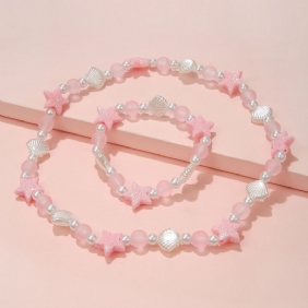 Tyttöjen Kaulakorusetti White Shell Pink Star Stretch Beads Rannekoru
