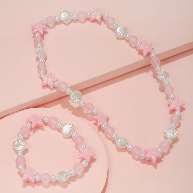 Tyttöjen Kaulakorusetti White Shell Pink Star Stretch Beads Rannekoru