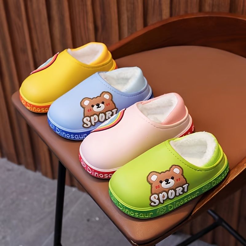 Lasten Rennot Vedenpitävät Tossut Joissa On Sarjakuva Rainbow Bear Printti Pvc-slip-on Fleece Lämpötossut Talveksi Kotiin