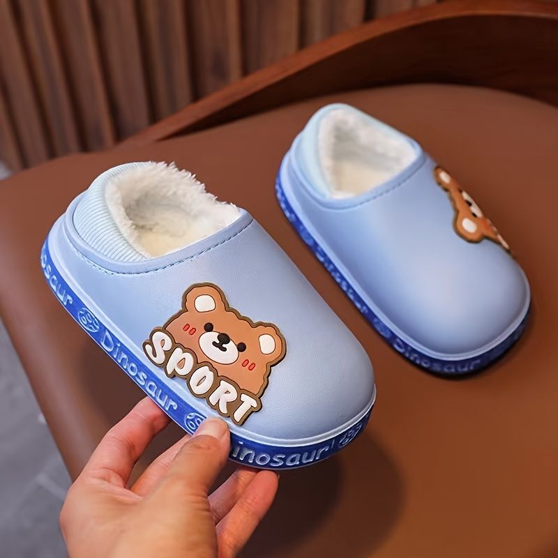 Lasten Rennot Vedenpitävät Tossut Joissa On Sarjakuva Rainbow Bear Printti Pvc-slip-on Fleece Lämpötossut Talveksi Kotiin