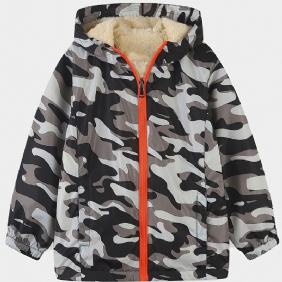 1kpl Poikien Casual Camouflage Print Vetoketjullinen Hupullinen Takki Cardigan Collar Thermal Fleecetakki Talveksi