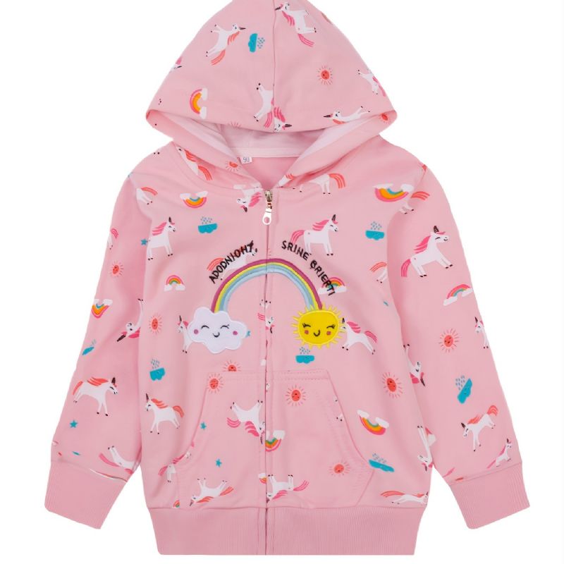 Popshion Toddler Tyttöjen Rainbow Sun Unicorn Lämmin Hupullinen Vetoketjutakki