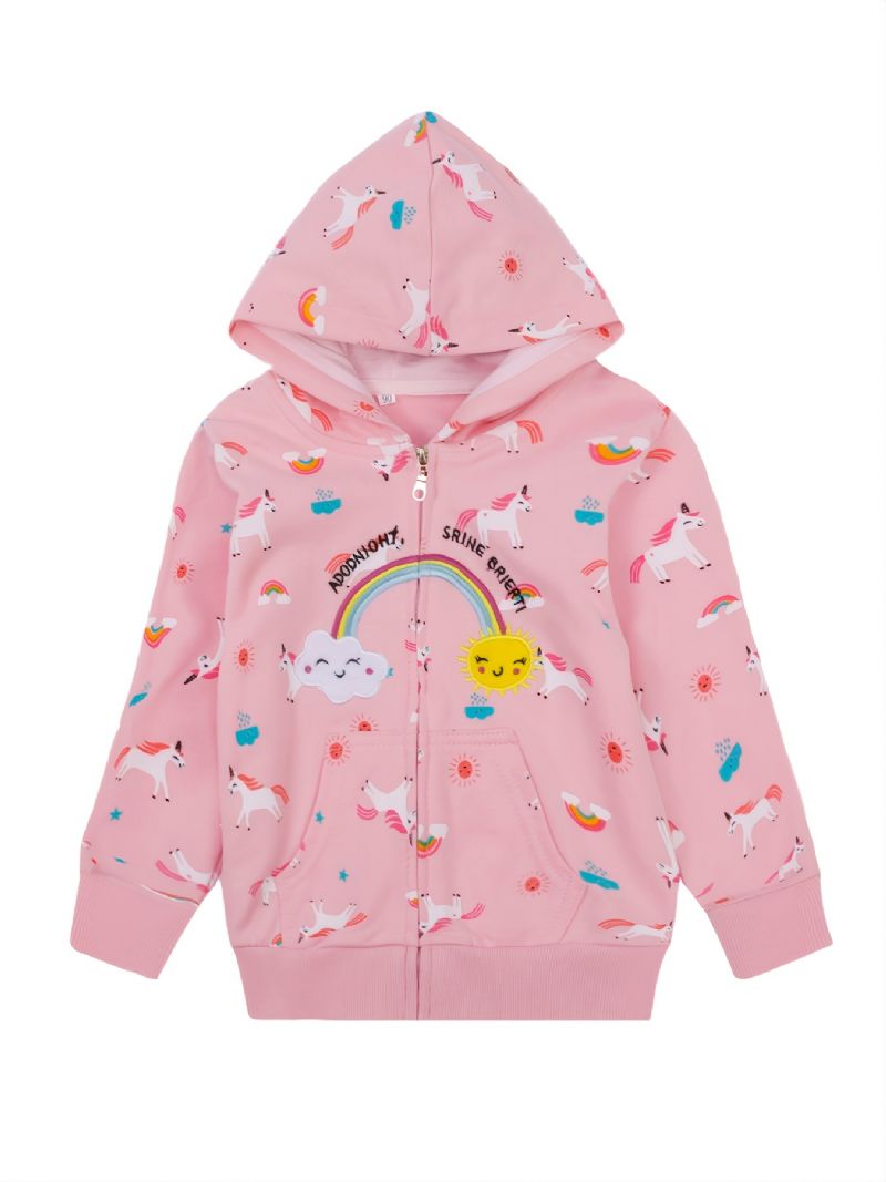 Popshion Toddler Tyttöjen Rainbow Sun Unicorn Lämmin Hupullinen Vetoketjutakki