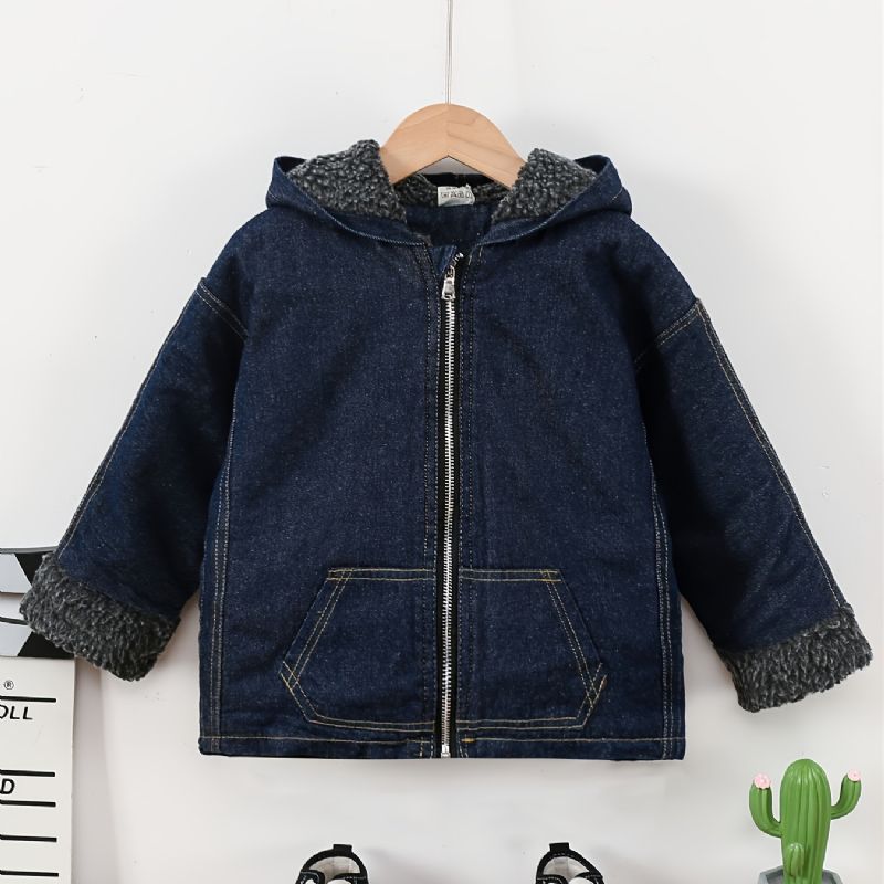 Taaperotyttöjen Denimtakki Fleece Lämmin Hupullinen Vetoketjutakki