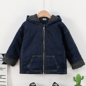 Taaperotyttöjen Denimtakki Fleece Lämmin Hupullinen Vetoketjutakki