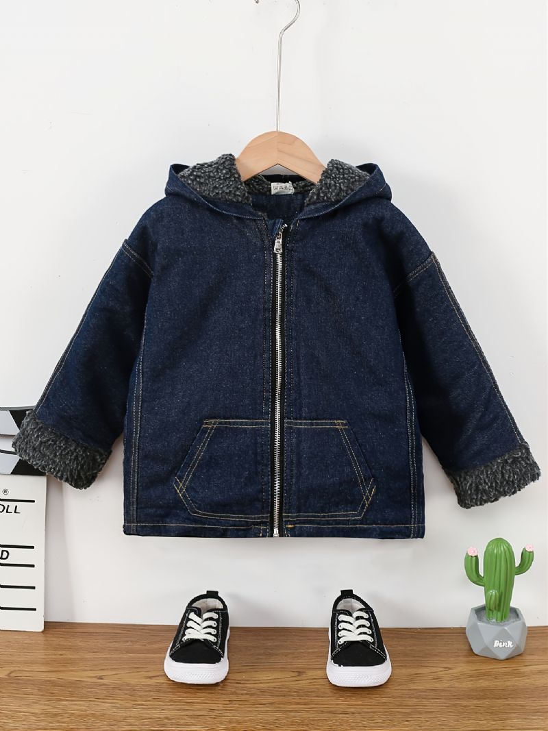 Taaperotyttöjen Denimtakki Fleece Lämmin Hupullinen Vetoketjutakki