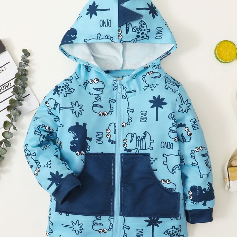 Toddler Poikien Dinosaur Print Takki Pitkähihainen Vetoketjullinen Hupullinen Taskulla