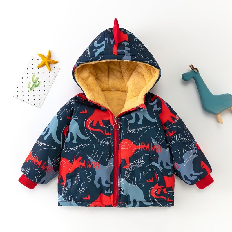 Toddler Poikien Print Dinosaur Plus Velvet Lämmin Vetoketjullinen Hupullinen Takki Syksy Talvi