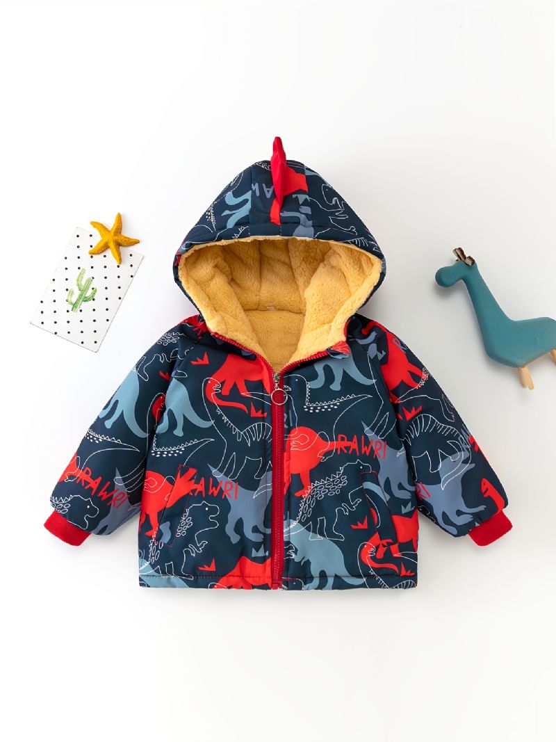 Toddler Poikien Print Dinosaur Plus Velvet Lämmin Vetoketjullinen Hupullinen Takki Syksy Talvi