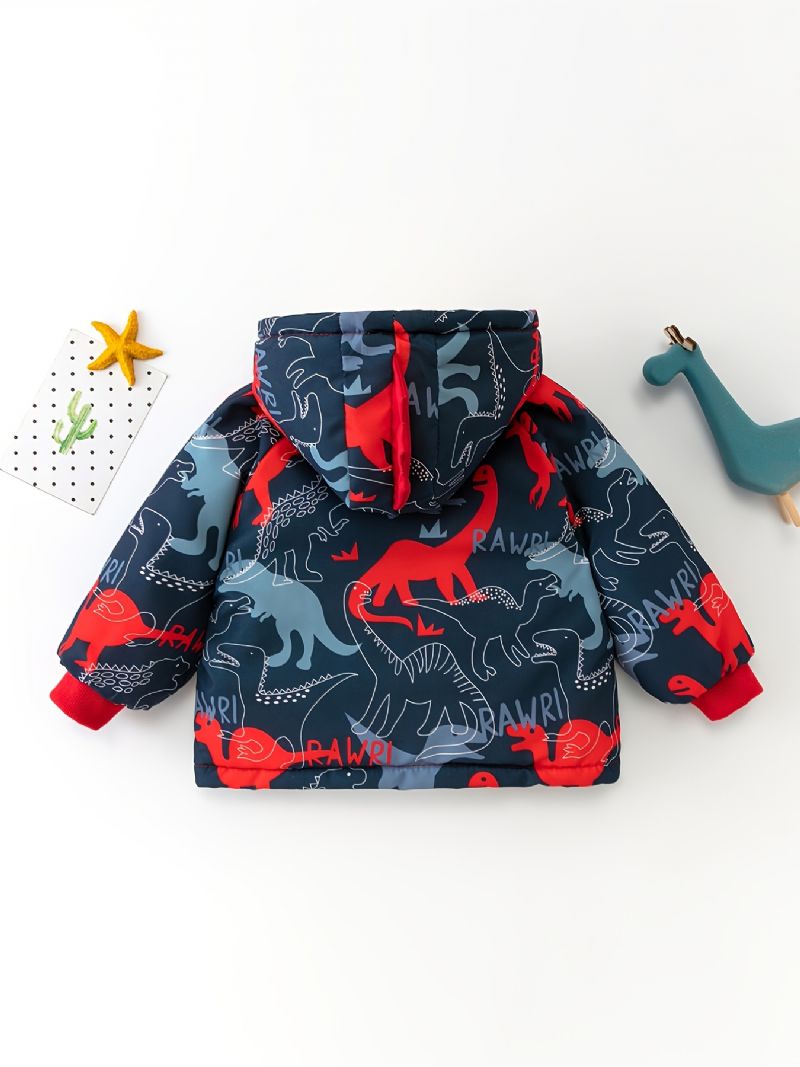 Toddler Poikien Print Dinosaur Plus Velvet Lämmin Vetoketjullinen Hupullinen Takki Syksy Talvi