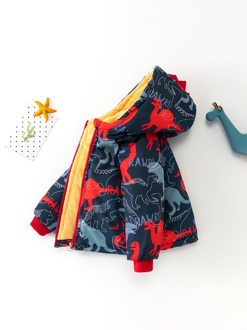 Toddler Poikien Print Dinosaur Plus Velvet Lämmin Vetoketjullinen Hupullinen Takki Syksy Talvi