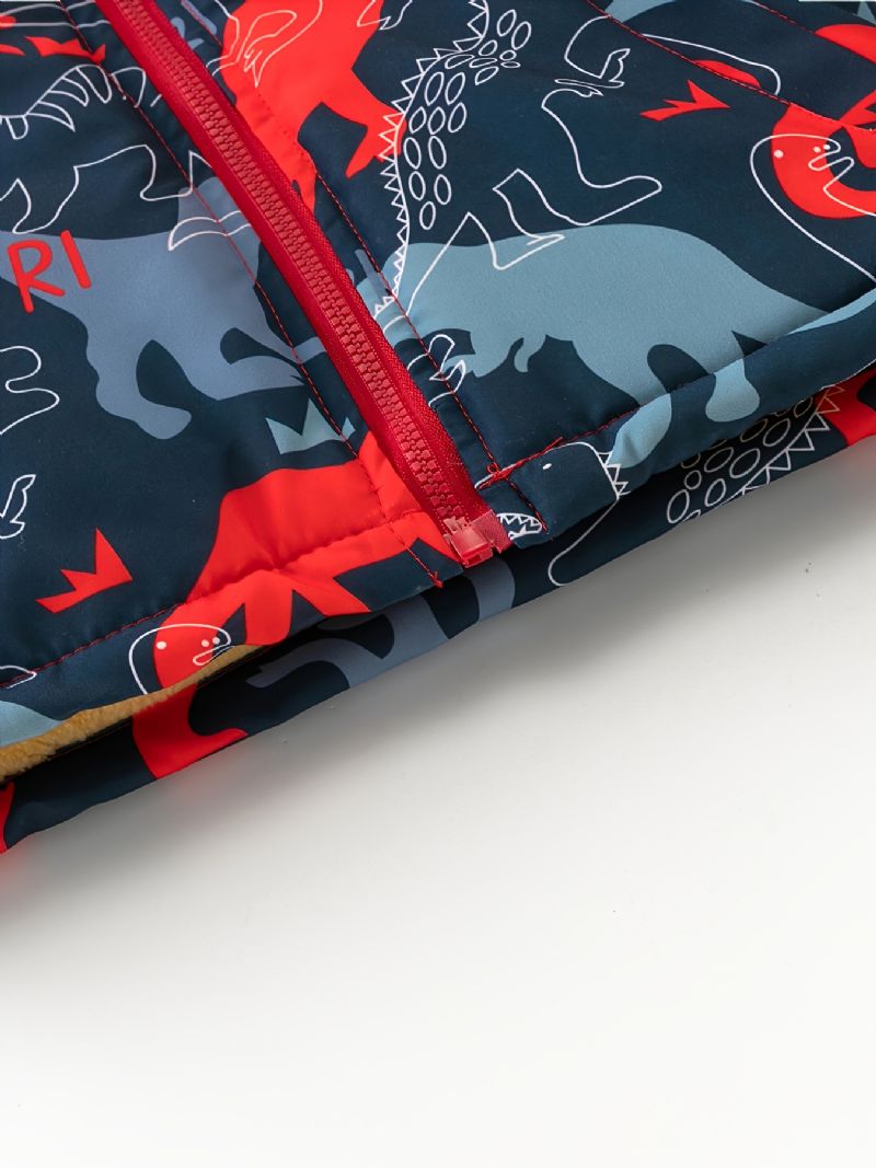 Toddler Poikien Print Dinosaur Plus Velvet Lämmin Vetoketjullinen Hupullinen Takki Syksy Talvi