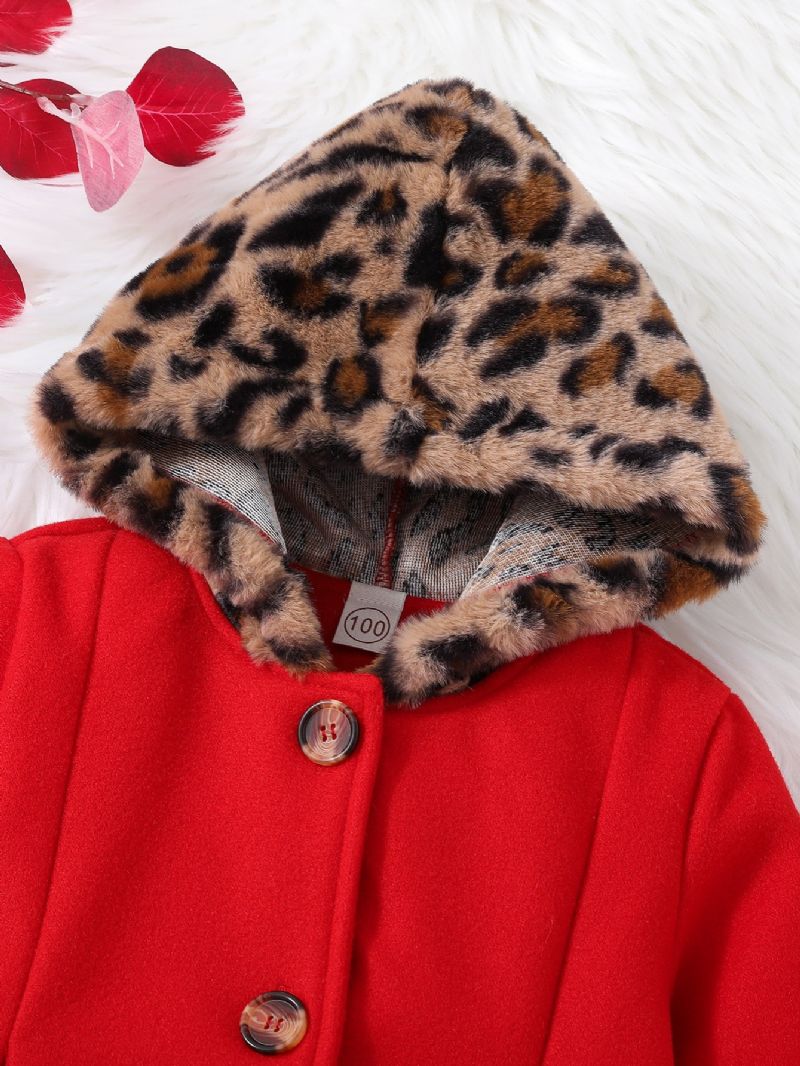 Tyttöjen Tyylikäs Leopardikuvioinen Nappihupullinen Takki Lämpöpäällysvaatteet Talven Joulujuhliin