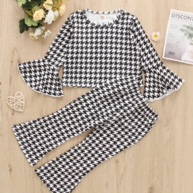 2 Kpl Tyttöjen Pitkähihaiset Houndstooth Print Flare Sleeve Housut