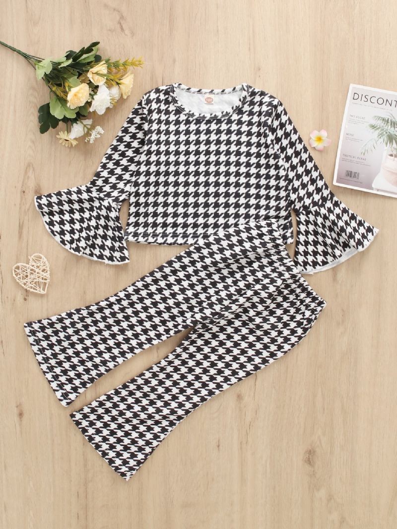 2 Kpl Tyttöjen Pitkähihaiset Houndstooth Print Flare Sleeve Housut