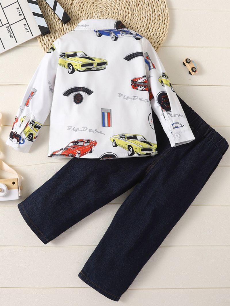 2kpl Poikien Car Print Pitkähihainen Paita & Denim Housut