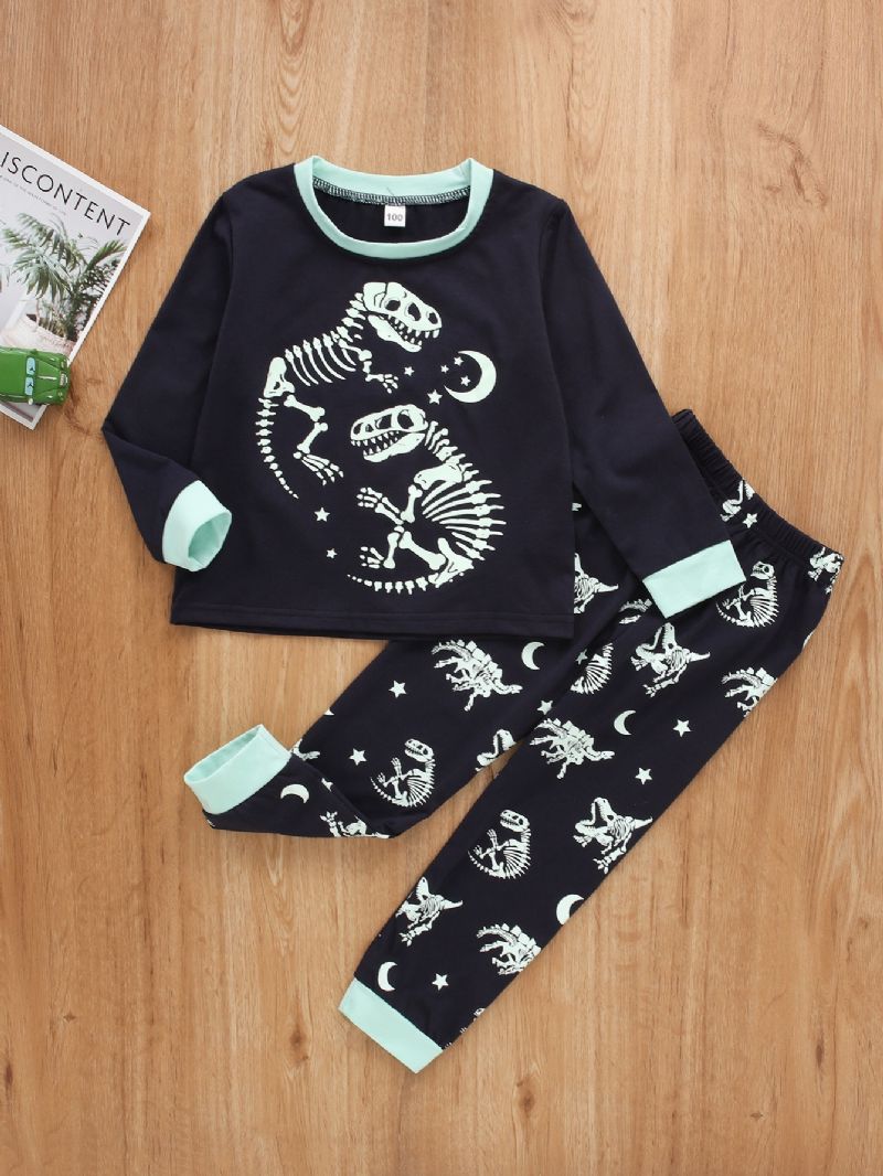 2kpl Poikien Dinosaur Skeleton Print Pitkähihaiset Rennot Pyjamat Top Pants