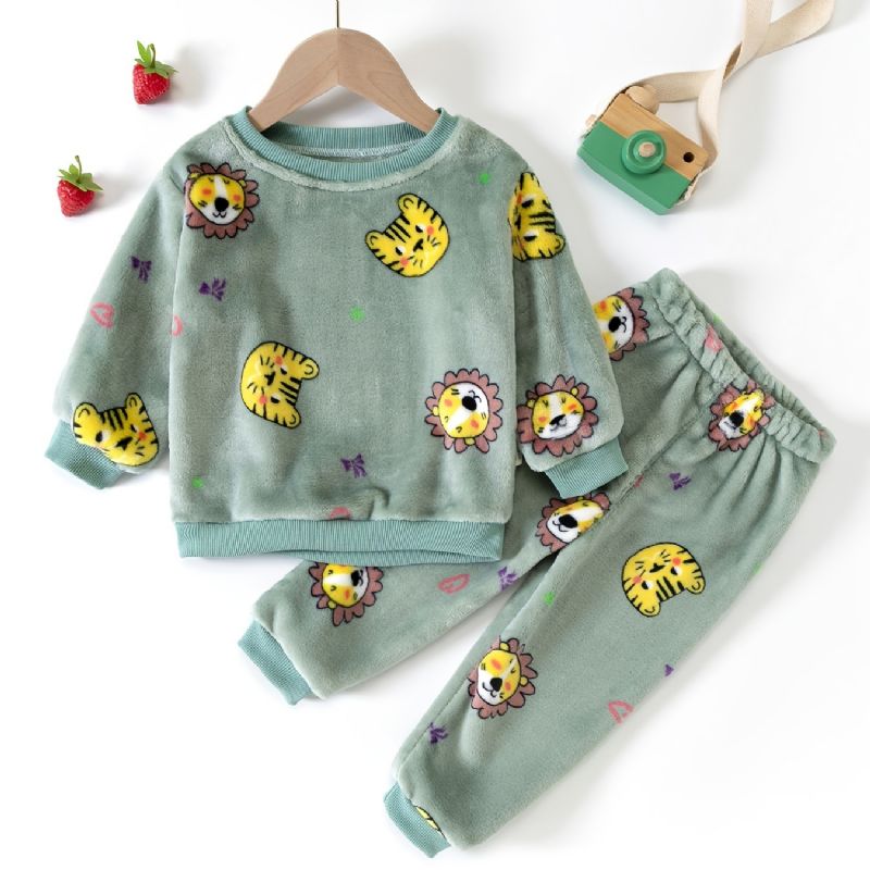 2kpl Toddler Poikien Tiger Print Pyjama-puku Flanelli Thermal Topit & Housut Talveksi Kotona