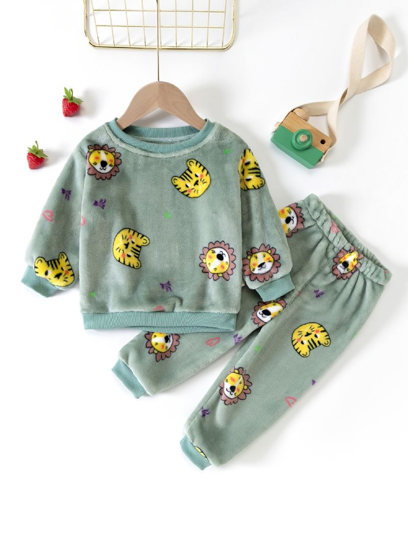 2kpl Toddler Poikien Tiger Print Pyjama-puku Flanelli Thermal Topit & Housut Talveksi Kotona