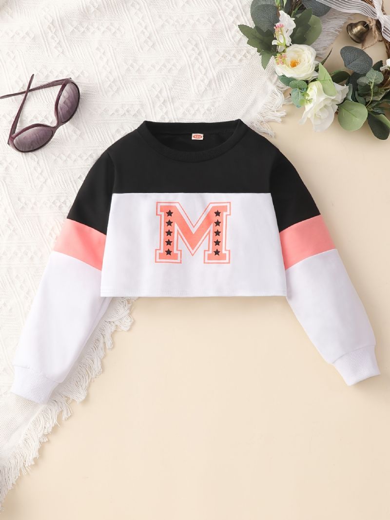 2kpl Tyttöjen Splicing Pullover M Letter Print Pyöreäpääntietä Pitkähihainen Collegepaita Ja Housutsetti Lasten Vaatteet