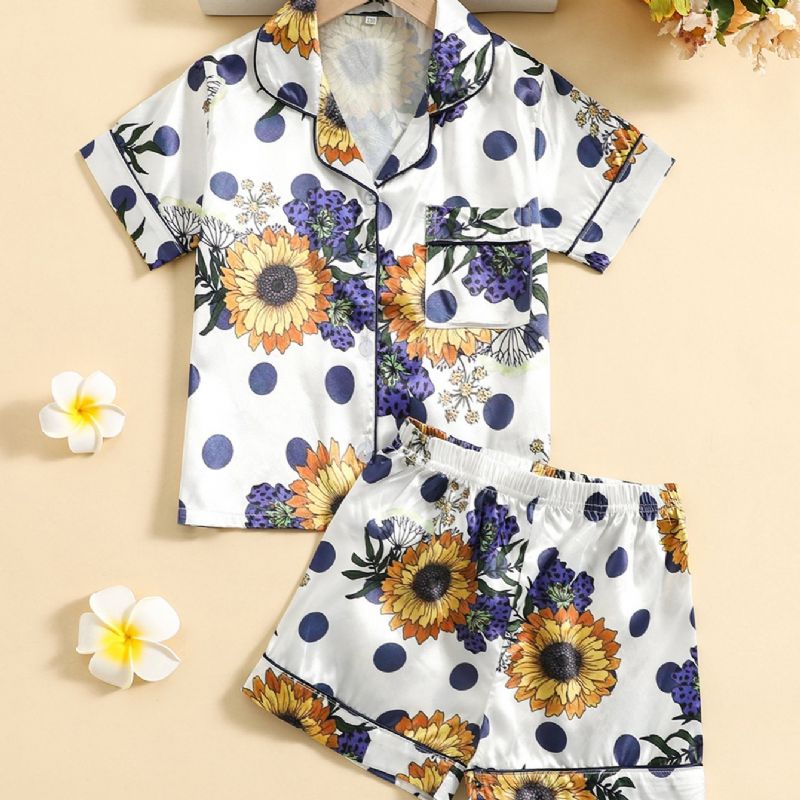 2kpl Tyttöjen Sunflower Print Button Top Short Pants Satin Loungewear