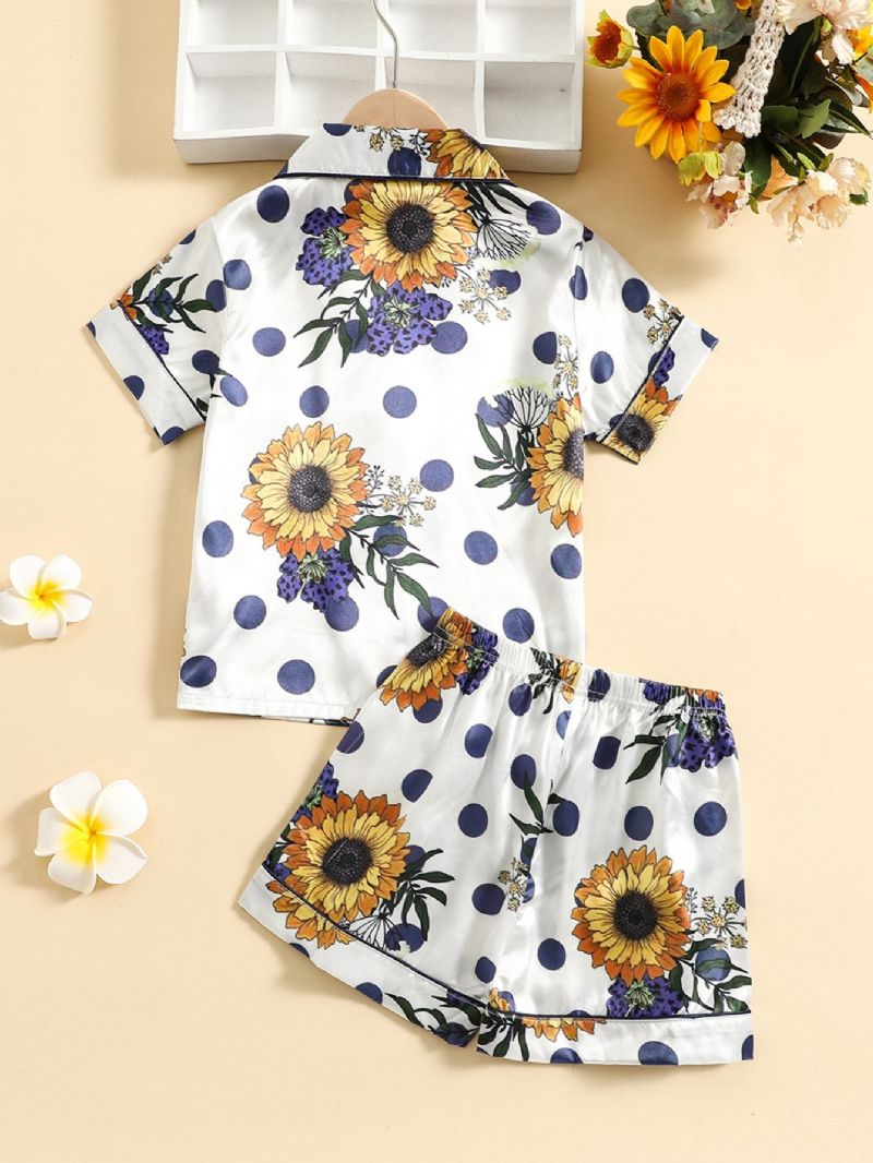2kpl Tyttöjen Sunflower Print Button Top Short Pants Satin Loungewear