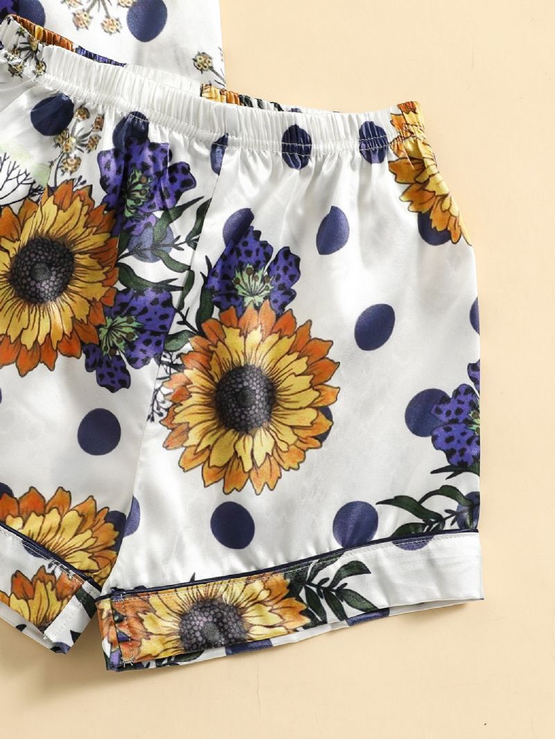 2kpl Tyttöjen Sunflower Print Button Top Short Pants Satin Loungewear