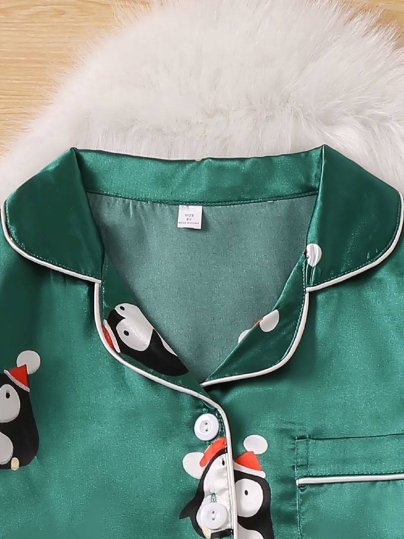 Lapset Tytöt Pojat Pingviinikuvio Satiini Lounge Wear Kotivaatteet Pitkähihainen Top & Yhteensopiva Housut Lasten Vaatteet Pyjamasetti