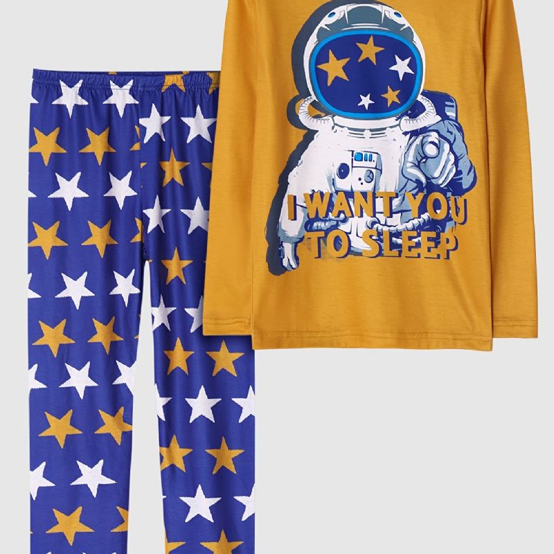 Lasten Poikien Pyjamat Astronaut Print Pyöreäkauluksinen Pitkähihainen Toppi & Housutsetti